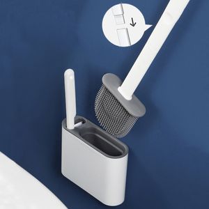 Flat toalettborste med hållare satt lång hanterad TPR -silikonrengörare borstar vit grå väggmonterade wc badrumstillbehör 220511