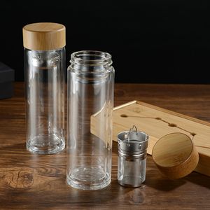 Bicchiere da tè in vetro da 14 once 400 ml Bottiglia da frutta Grande infusore Bicchiere con coperchio in bambù isolato a doppia parete alto in borosilicato Rispettoso dell'ambiente