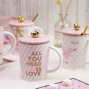 Cute Coffee Mug with Cover Office Pink Spoon Ceramics Creative Coffee Mug for Couple Personalized Taza Couple Mugs XX60CM T200506