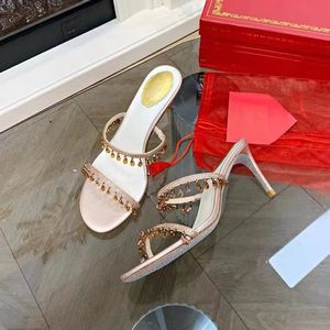 Rene Caovilla 2022 Sandaler av hög kvalitet Sandaler Designers 100% läder Ny kvinnor Sandal Summer Crystal Pendant Wedding Dress Shoes Heels Hobbe Sexiga bilder äkta Sole Sole Sole Sole Sole Sole