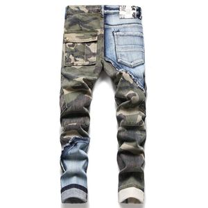 Jeans masculinos outono inverno tendência estiramento camuflagem costura magro meados de cintura motocicleta moda rua calças men's221l