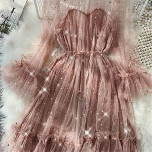 Female O-neck Stars Sequined Mesh Shiny Fairy Dress Women Elegant Bling Gauze Princess Puff Dresses Vestidos De Fiesta 220406