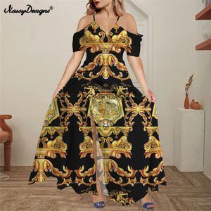 Noisydesigns Golden Europe Women's Off Ramper Eleganckie luksusowe letnie impreza wakacyjna Boho Floral Maxi Lady Dropship 220627