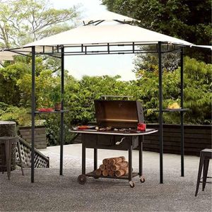 Wholesale US STOCK Outdoor Steel Double Tiered Backyard Patio BBQ Grill Gazebo with Side Awning Bar Counters and Hooks WF280542AAE