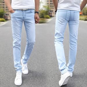 Homens de jeans skinny de jeans magros, marca de designer masculina Super elástica, calças retas magro de moda de moda azul 220808