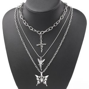 3 Layers Hip Hop Cool Silver Color Cross Choker Necklaces For Women Simple Butterfly Angel Long Pendant Necklace Jewelry