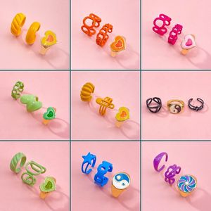 Vintage Gold Heart Rings Set For Women Fashion Flame Hollow Resin Flower Love Heart Knuckle Ring Wholesale Girls Jewelry Gifts