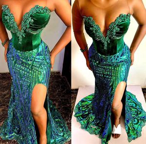 2022 plus size arabic aso ebi verde escuro Mermaid vestidos de reprodução de cristais de miçanga de festas formais da segunda recepção Vestidos de noivado de aniversário ZJ184