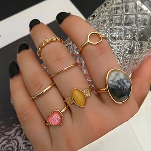 Gold Silver Color Metal Ring Set for Women Heart Irregular Black Stone Geometric Vintage Ring 2022 Trend Fashion Jewelry