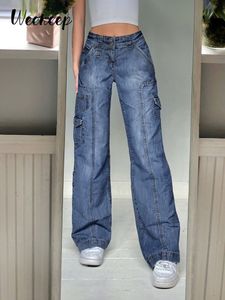 Weekeep Y2k Jeans Streetwear Women High Waist Jeans Wide Leg Pockets Patchwork Baggy Cargo Pants Vintage Denim Capris Fairycore 220526