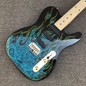 TL electric guitar gold hardware maplefingerboard blue flame water transfer solid mahogany body guitar