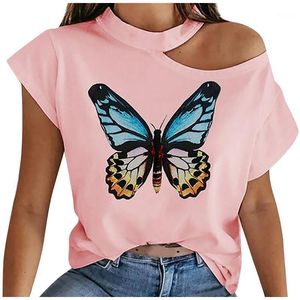 Kvinnors T-shirt Butterfly Female White Top Cold Shoulder T-shirts Kvinnor 2022 Kortärmad Plus Storlek Toppar Sommar Casual Tee Tunika