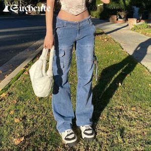 Kvinnors jeans Suchcute Streetwear Fashion Drawstring Denim Pants for Women Korean Style Casual 90s Straight Byxor med Sashes Harajuku T220825