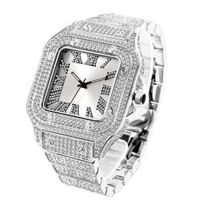 Skala Missfox Roman Trendy Hip Hop Square Diar Mens Watche Błyszczące luksusowe zegarek Pełny diamentowy ruch.