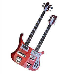 Double Neck Metallic Red Body 4+12 Strings Guitars elétricos com pickguard branco, hardware cromo, braço de pau -rosa, pode ser personalizado