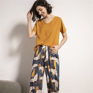 Solid Loose Nightwear Suit Female Casual Homewear Pyjama Set för kvinnor Kort ärm tryckt andningsbara Pijama Mujer Femme Y200708