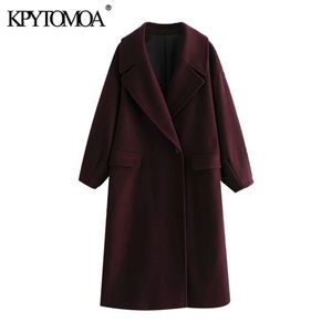 KPYTOMOA Kvinnor Fashion Single -knapp överdimensionerad ullrock Vintage Lantern Sleeve Pockets Female Outerwear Chic Overcoat 201215