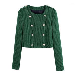 Jaquetas femininas jaqueta cortada mulher 2022 moda epaulet vintage bastão duplo no pescoço redondo de manga comprida elegante tweed