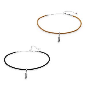 NEW 2018 NEW 925 Sterling Silver Black & Golden Tan Leather Choker Necklace with Feather Pendant For Women Jewelry Gift AA220315