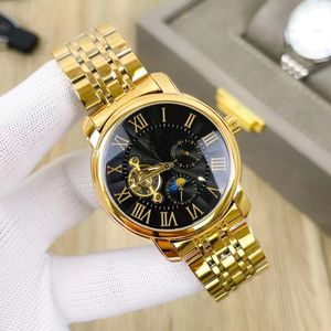 Automatiska mekaniska klockor Mens Tourbillon Gold rostfritt stål män varumärke casual klocka