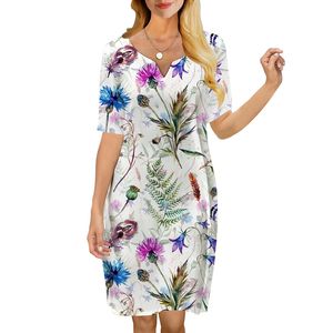 Women Dress Vintage Floral 3D Printed VNeck Loose Casual Short Sleeve Shift Dress for Female Dresses White Dress 220616