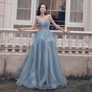 Staubiges blaues sexy langes Abendkleid 2022 mit Spitze-Spaghetti-Trägern, A-Linie, Tüll-Rüschen, rückenfrei, Zeremonie, Ballkleider, formelle Partykleider, Vestidos de Fiesta