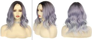 New Sexy Short grey & Purple Middle Part Ombre Wavy small Lace Women's Cosplay Party Synthetic hair wigs