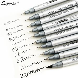 Superior 10pcs أسود Micron Neelde Drawing Pen Pen مقاوم للماء الصباغ.