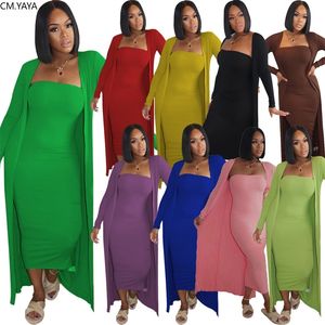 CM.YAYA High Street Women's Set Long Sleeve Cloak Topps BodyCon Midi Maxi Dress Suit Active Wear Tracksuit Tvådel Fitness 220509