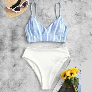 Women's Swimwear Blue Striped Bikinis Set Push Up High Waist Bottom Sexy Two Pieces Swimsuit Women Bathing Suit Beachwear Summer 2022Women's