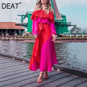 DEAT Frau Langarm Kleid Hit Farbe Plissee Rüschen Mit Schärpen Schlank Slash Neck Casual Stil 2022 Sommer Mode 15HT170 220317