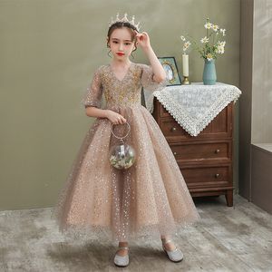 2022 Princess Pink Crew Neck sequined Tulle Flower Girl Dresses with Gold Sequins Sheer Long Sleeves Lace Flowers Girls Pageant Gowns