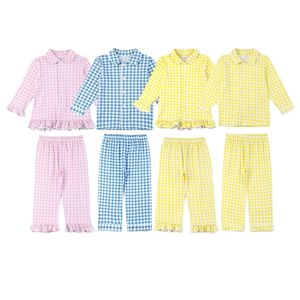 زر الربيع لأعلى عيد الفصح PJS Long Sleeve 2PCS Sleepwear Dequered Boys Knit Matching Pajama Sets Girls Pajamas 220426