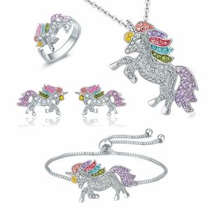 Kryształ Unicorn Jewelry Set Cute Rainbow Horse Gold Silver Color Naszyjnik Bransoletka Pierścienie Kolczyki Dla Kobiet Dziewczyn Prezent