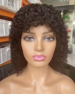 Short Curly Bob Human Hair Wigs Machine Made 150% Density Indian Jerry Curl Wig with Bangs for Women