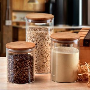 Clear Glass Food Storage Containers with Airtight Bamboo Lid for Candy Cookie Rice Sugar Flour and Nuts