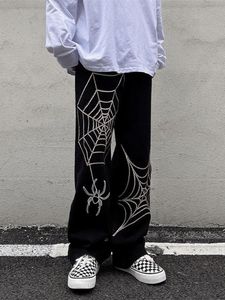 Grunge Punk Spider Web Stampa Pantaloni da donna neri Goth Streetwear Pantaloni a gamba larga oversize Anni '90 Vintage Y2k Abbigliamento Cargo