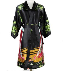 Women's Sleepwear Sexy Black Chinese Women Silk Short Robe National Lingerie Nightgown Kimono Bath Gown Pijamas Plus Size XXXL NR046Women's