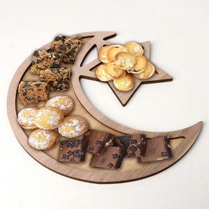 Decorazione del partito Rustico in legno Crescent Moon Srar Eid Ramadan Food Serving Tableware Dessert Pasticceria Vassoio Display Holder Decor Ornament