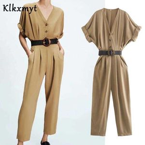 Klkxmyt Za Long Jumpsuit Women Summer Fashion With Belt Short Sleeve Elegant Woman Jumpsuits V Neck Female Overalls 210527