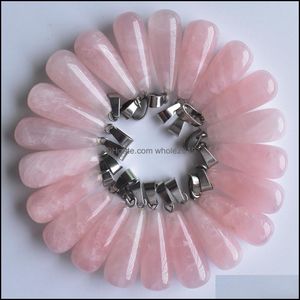 Ciondoli Risultati dei gioielli Componenti Pietra naturale Forma a goccia lunga Pendenti in quarzo rosa Chakra Gemma Orecchini adatti Dh7Wa