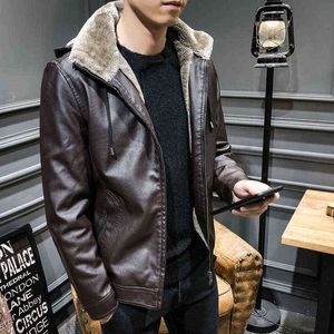 Autumn Winter Mens Pu Leather Jacket Brown Faux Leather Jacket For Boy Thick Hooded Faux Fur Collar Jacket Oversized Male xxxl 4xl L220725