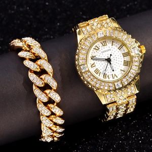 Wristwatches Luxury Women Watch Watch Bracelet Gold Silver Full Rhinestone Ladies Quartz Fashion 2pcs مجموعة Crystal Clock HomeWatches