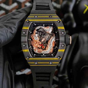 Lyxig armbandsur Richa Milles Men's Business helautomatiska mekaniska kolfiber Dragon Watch Fashion Trend Hollow Out Leisure