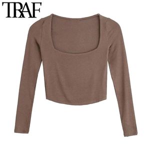 Women Sexy Fashion Fitted Cropped Ribbed Knitted T Shirt Vintage Square Collar Long Sleeve Female Tops Mujer 210507