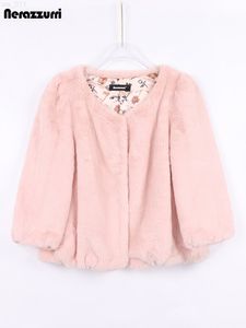 Nerazzurri Autumn Short Pink Soft Light Faux Fur Coat Women Puff Sleeve Casual Cute Fluffy Jacket Korean Style Cropped Top 2022 T220716