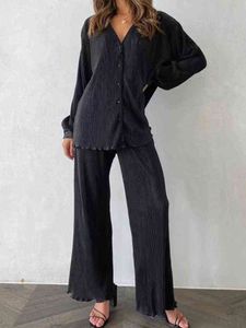 Wiosenne letnie kobiety luźne stroje elegancka koszula na guziki i szerokie nogi spodni zwyczajny długi rękaw solidny houngewear 2pc garnitury T220729