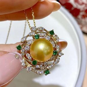 Pendant Necklaces S925 Silver Pearl For Women 10-13mm South Sea Golden With Cubic Zirconia Handmade Jewelry Gift Her A415Pendant