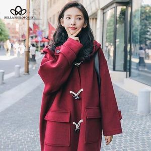 Bella Women Winter Winter Warm Coats Vintage Horn Button feminino com capuz solado Lady Jackets Long Outwears 201102