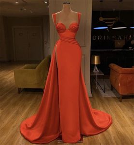 Orange satin elegant sjöjungfru kväll älskling är ärmlös golvlängd sidoslitsrockar de soiree prom klänningar